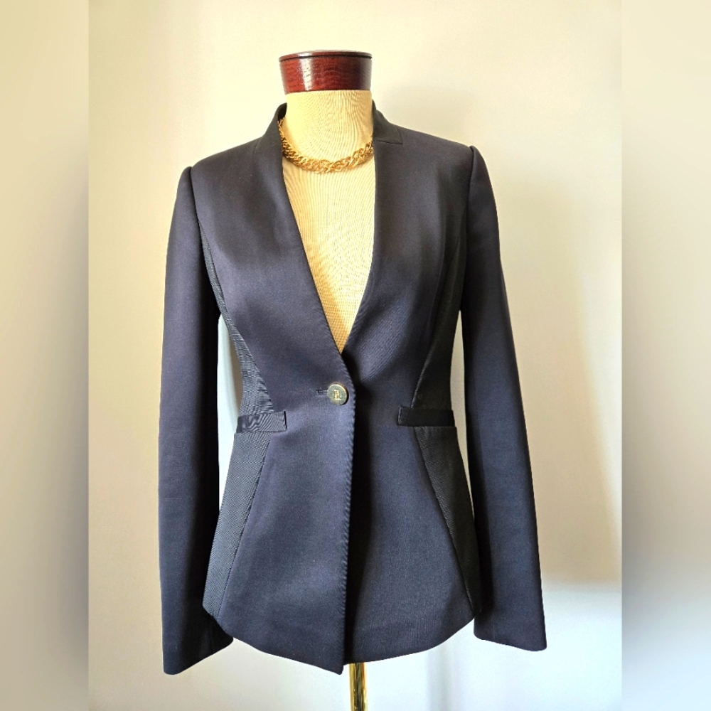 TED BAKER Black Collarless Blazer With Gorgeous Yellow Floral Interior. Size 2-4